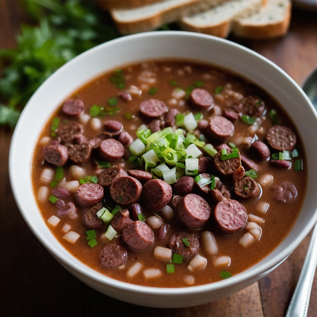 A steaming bowl of red beans and sausage chunks in a rich, spicy broth garnished with green scallions.