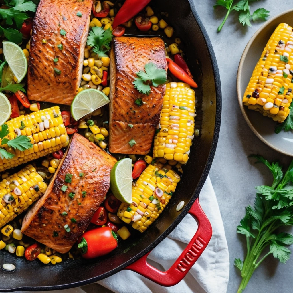 Golden skillet with glazed salmon fillets, yellow corn, and red bell peppers.