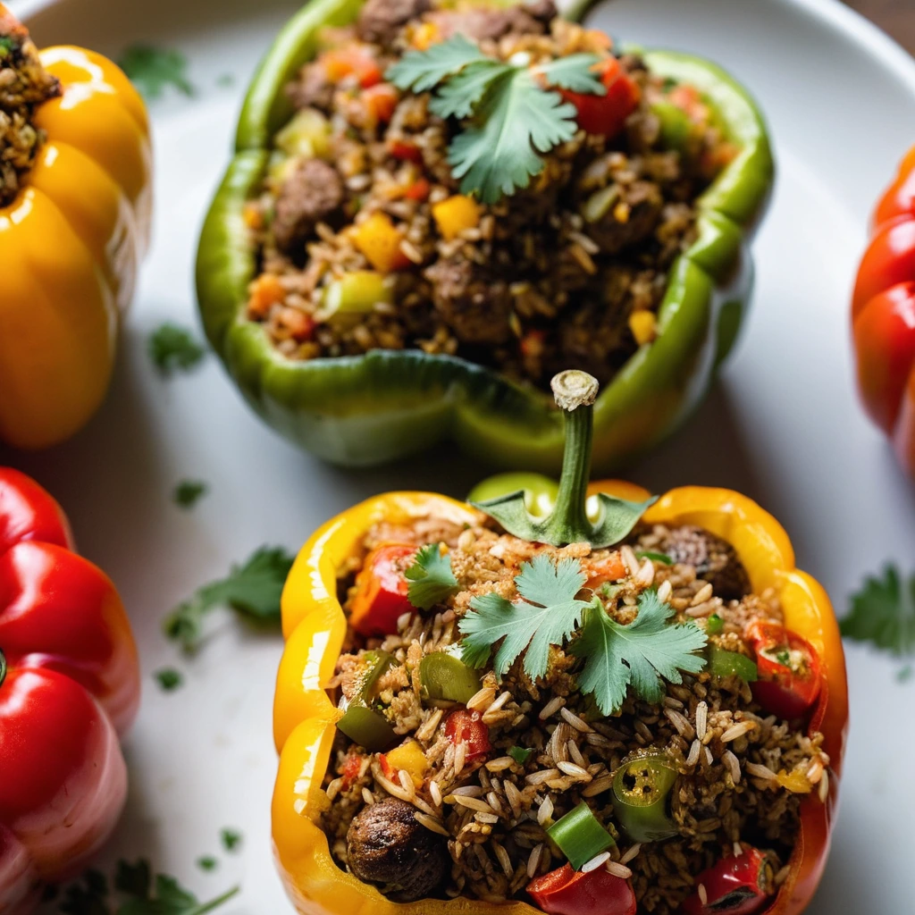 Four roasted bell peppers stuffed with golden dirty rice and flecks of spicy Cajun sausage, garnished with green onions.