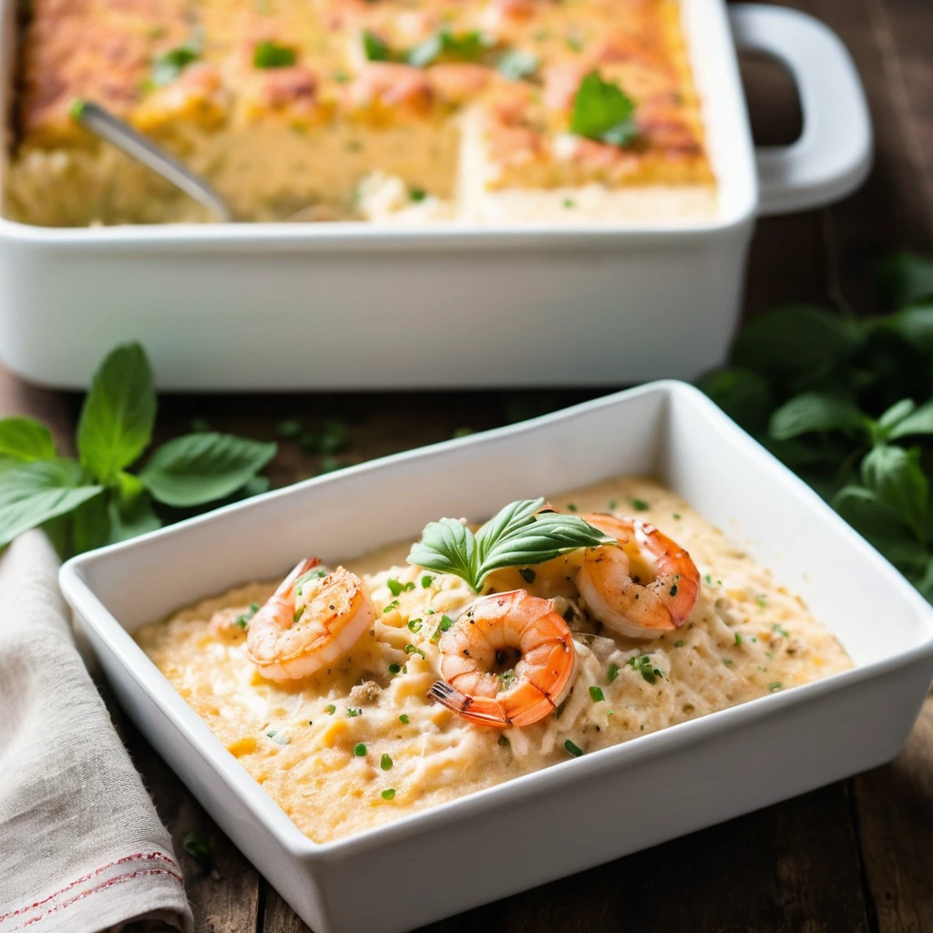 Baked casserole in a rectangular dish with golden bubbly cheese topping and shrimp visible in the creamy grits.