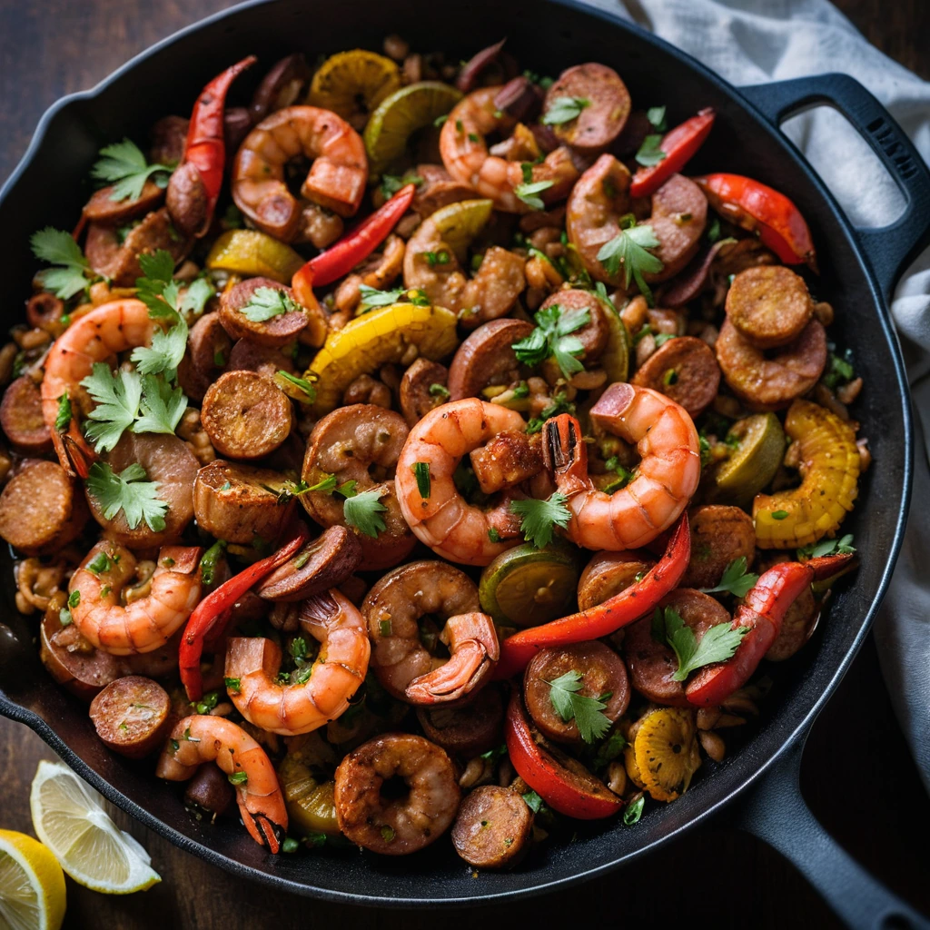 Colorful skillet with shrimp, sausage, and peppers in a spicy sauce, garnished with fresh parsley.