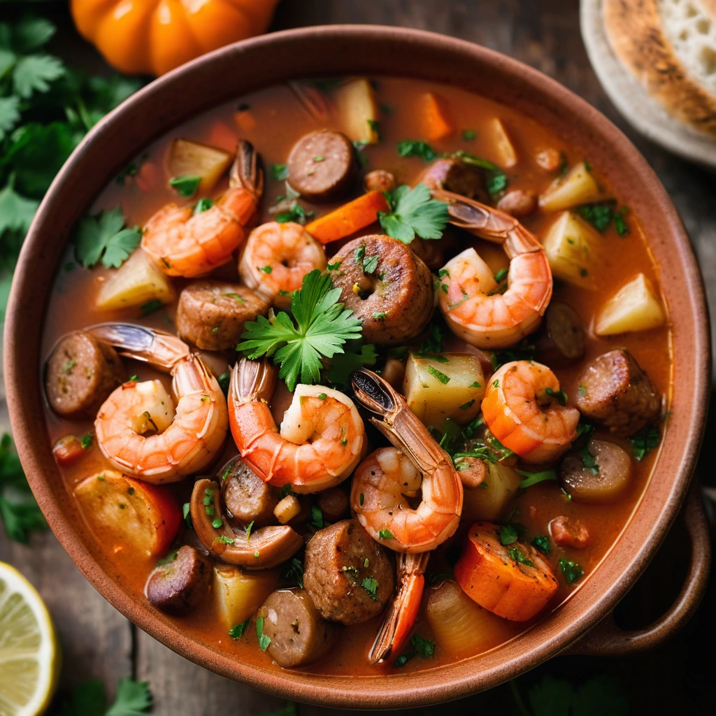 Bowl of rustic stew with plump shrimp, sausage slices, and vegetables in a vibrant orange broth, garnished with fresh parsley.