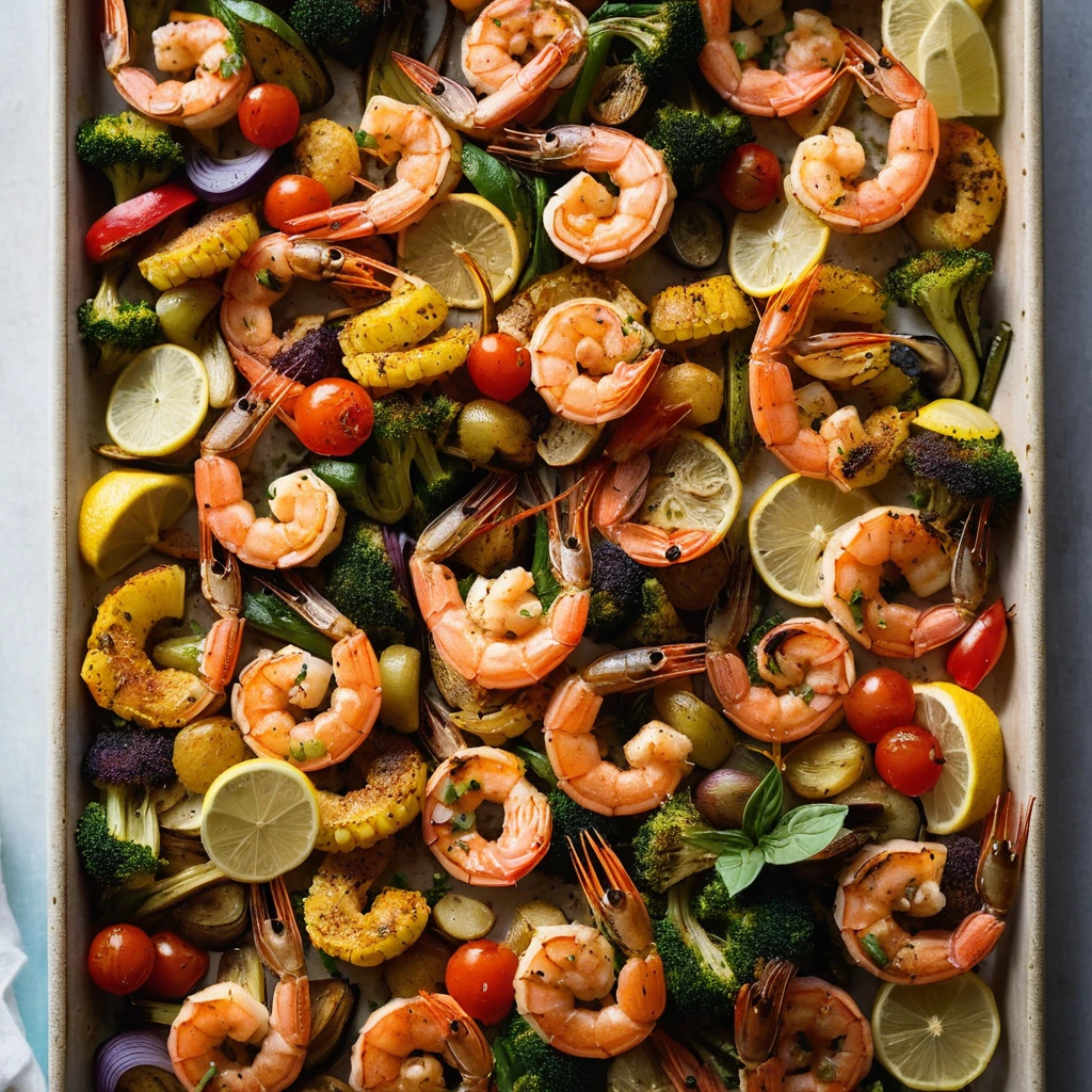 A tray of colorful roasted vegetables and shrimp with a golden crust, arranged on a baking sheet.