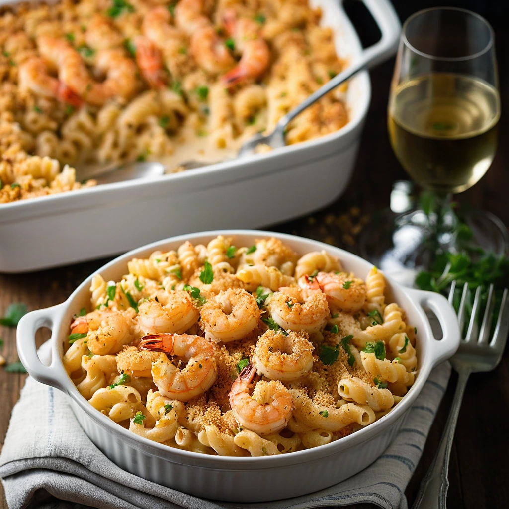 A bubbling casserole dish of golden mac and cheese topped with Cajun shrimp and a sprinkle of breadcrumbs.