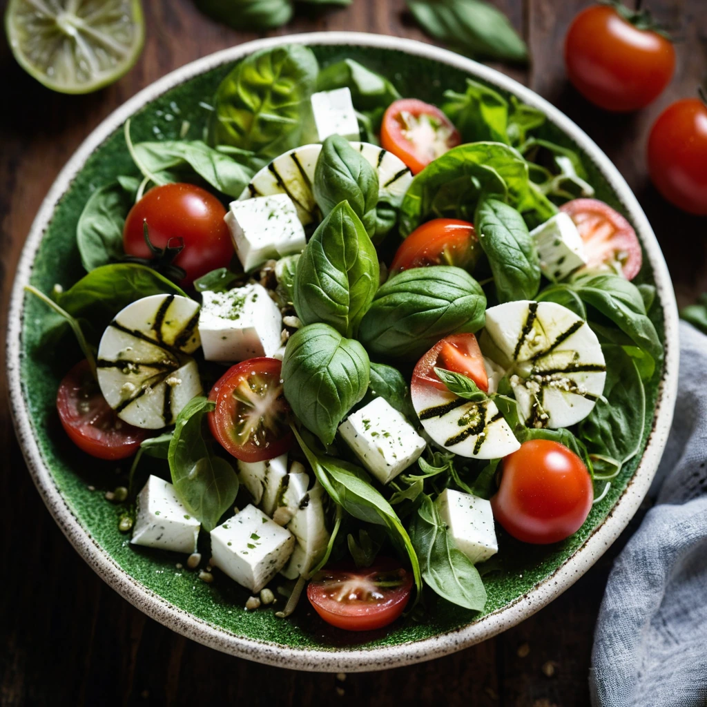 Colorful chopped salad with greens, red tomatoes, mozzarella, and a green drizzle of pesto served in a rustic wooden bowl.