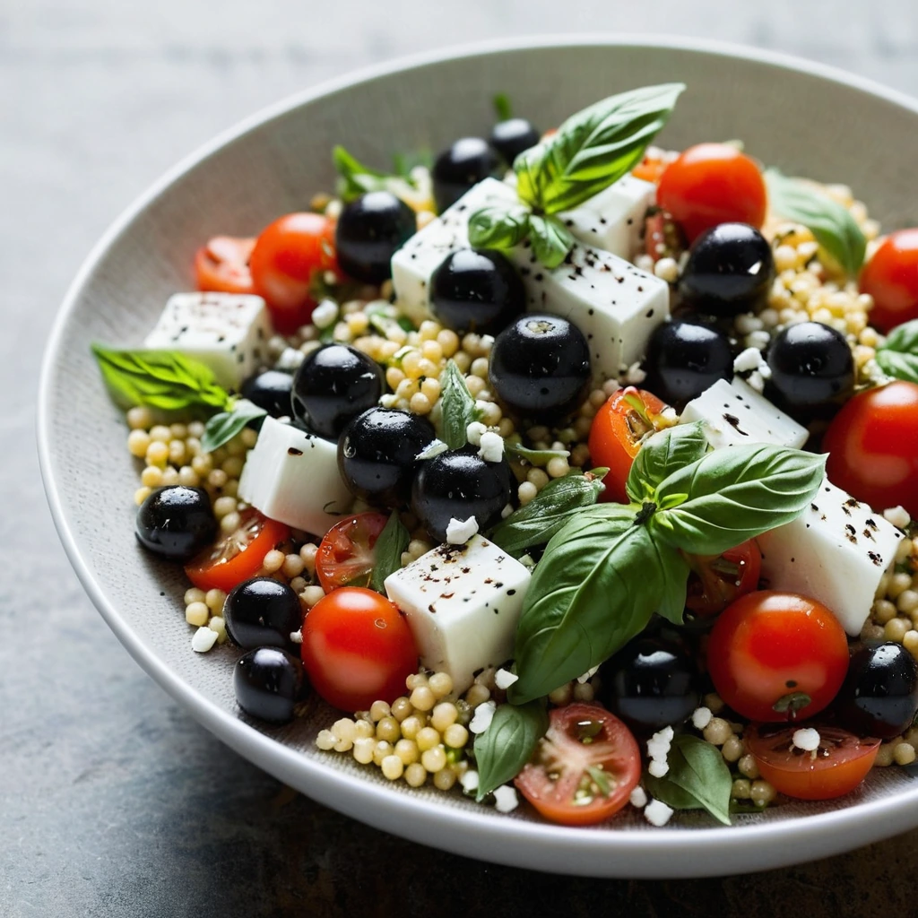 Colorful salad in a bowl with yellow couscous, red cherry tomatoes, green basil, and white mozzarella chunks.