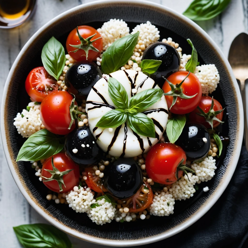 Colorful bowl of couscous topped with cherry tomatoes and mozzarella balls, drizzled with a glossy balsamic glaze.
