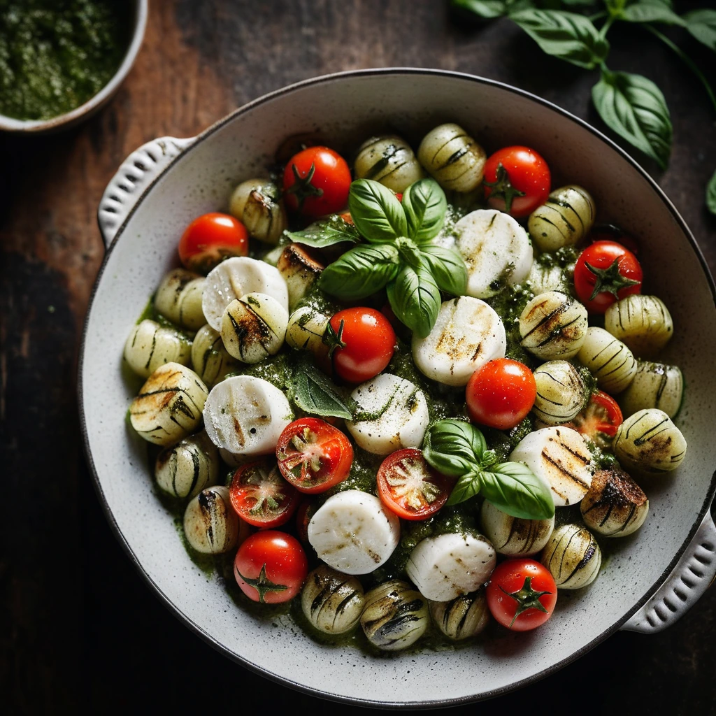 golden-brown gnocchi bake topped with melted mozzarella, red tomato slices, and green pesto swirls in a rustic oven dish.