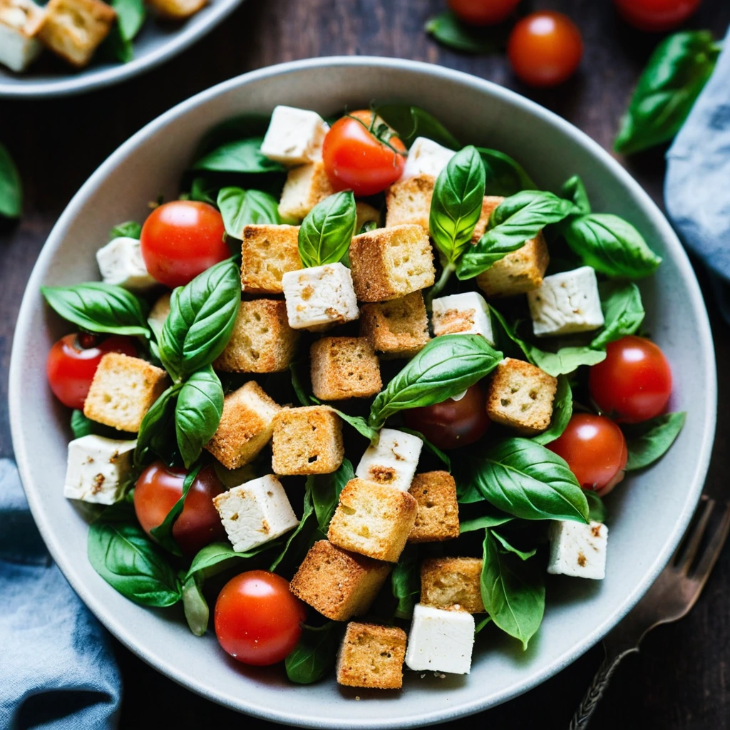 colorful bowl of caprese panzanella salad with golden croutons and vibrant tomatoes