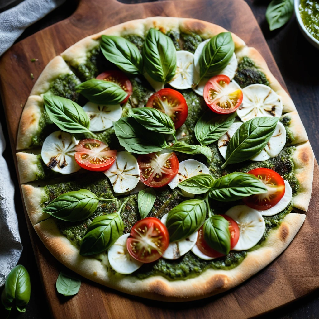 A round flatbread pizza with vibrant green pesto, red cherry tomatoes, and melted mozzarella cheese, served sliced on a wooden board.