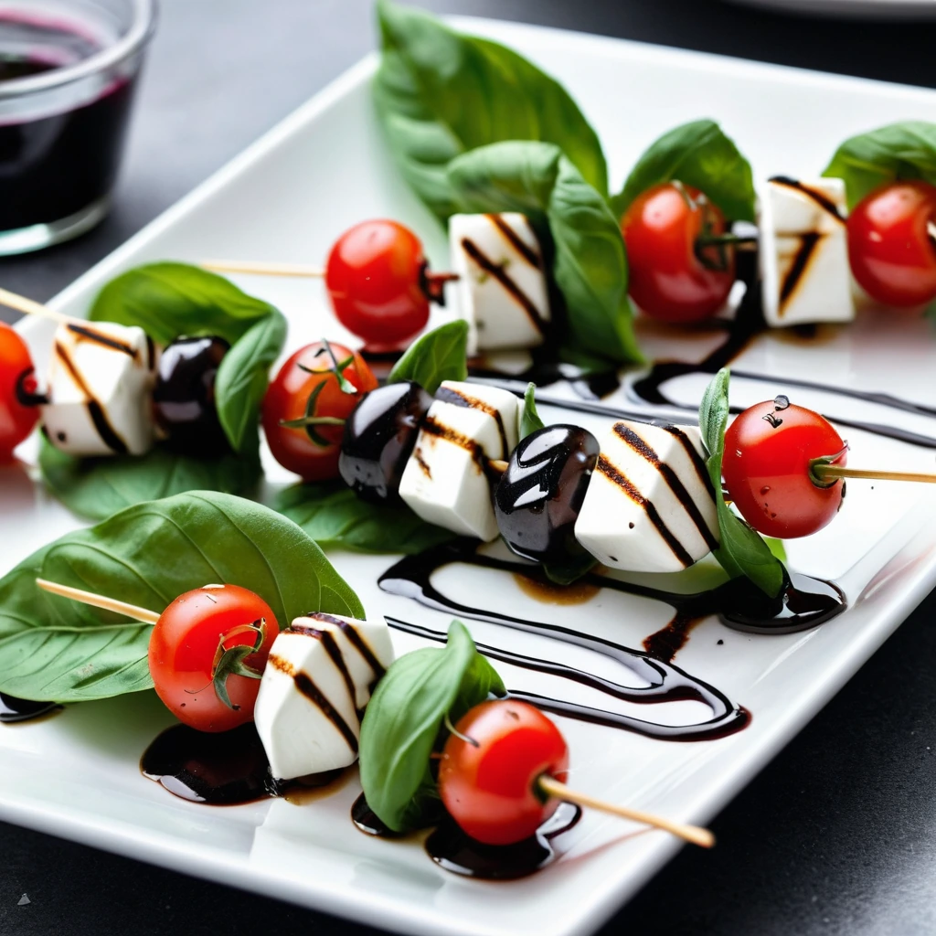 Colorful skewers with cherry tomatoes, mozzarella balls, and basil leaves arranged on a white plate with a drizzle of dark balsamic glaze.