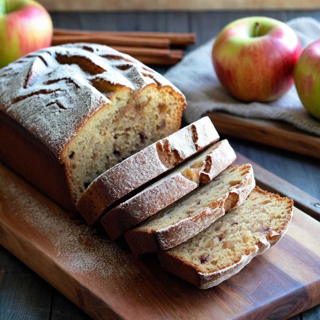 Golden loaf of bread dusted with cinnamon sugar, sliced and served on a rustic wooden board.