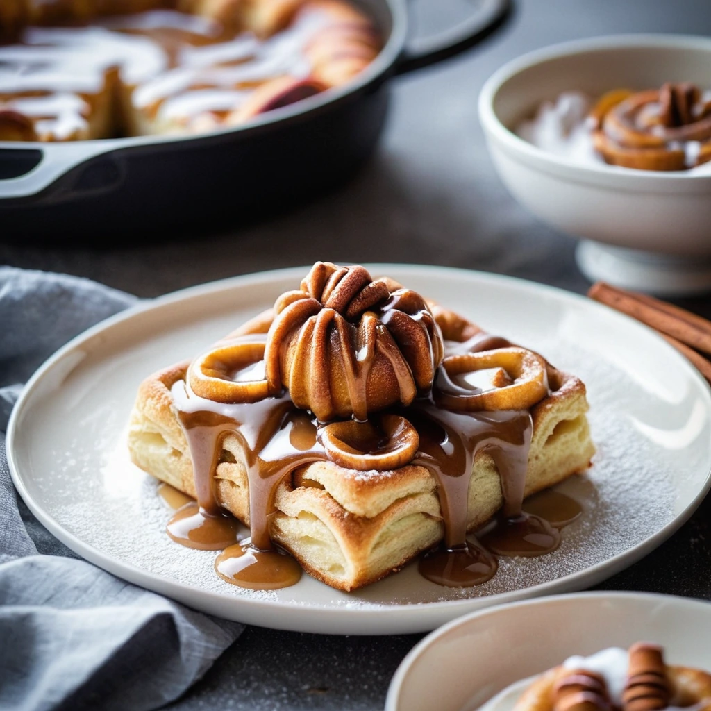 A skillet filled with golden caramel sauce, cinnamon rolls, and red apple slices, dusted with powdered sugar.