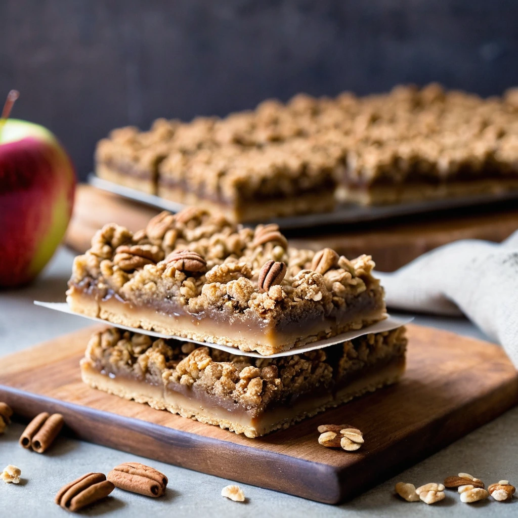 Golden brown bars with visible apple chunks and a streusel topping, arranged on a rustic wooden board.