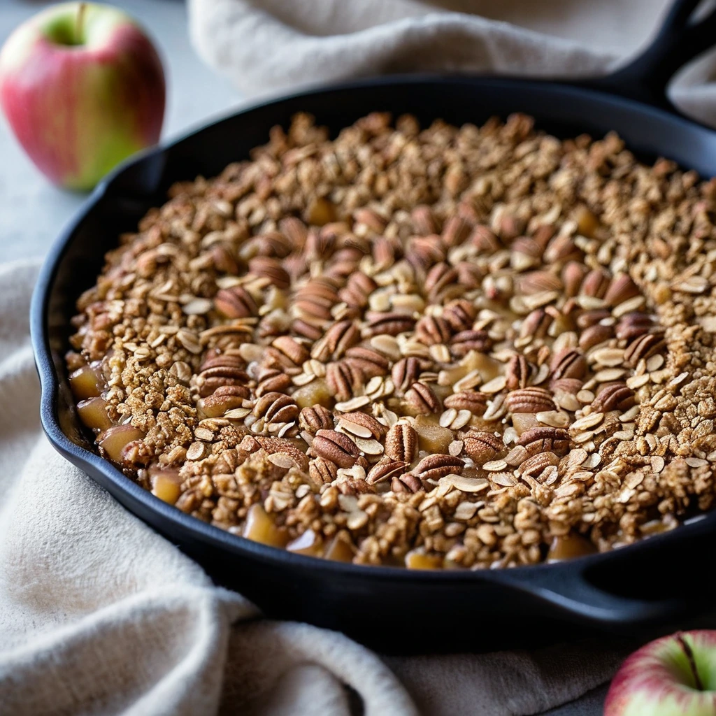 A skillet filled with golden-brown oat topping over cinnamon-spiced apples, drizzled with caramel.