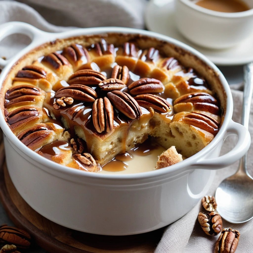 Golden bread pudding in a bowl topped with caramel sauce and toasted pecans