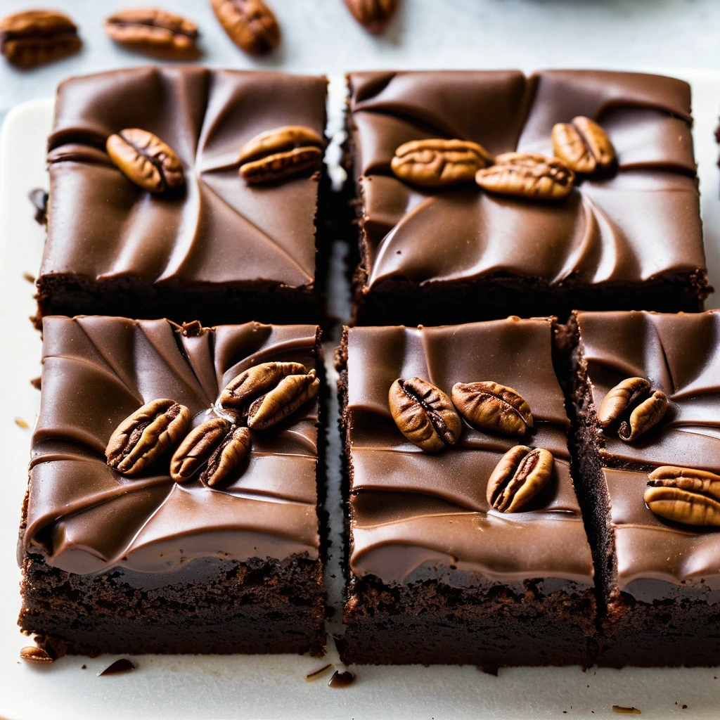 A square plate of rich, dark brownies with swirls of golden caramel and toasted pecan halves scattered on top.