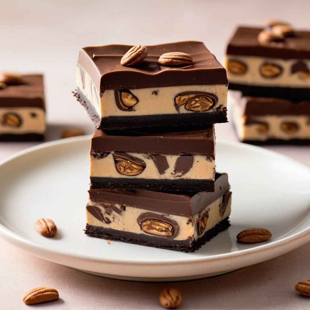 A square of dark chocolate fudge with caramel swirls and crushed pretzel pieces on a plate.