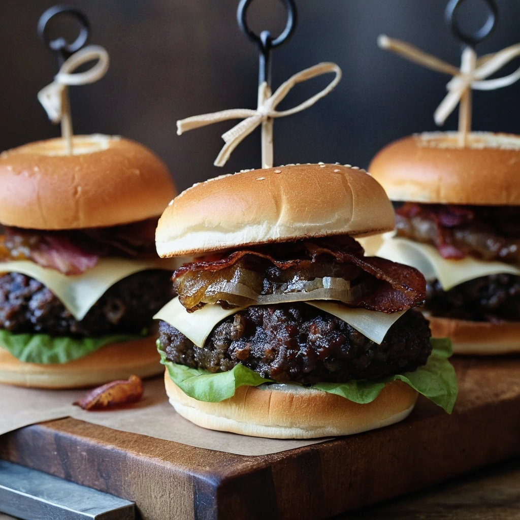 Golden brown mini burgers with melted cheese, topped with caramelized onions and bacon jam on toasted buns