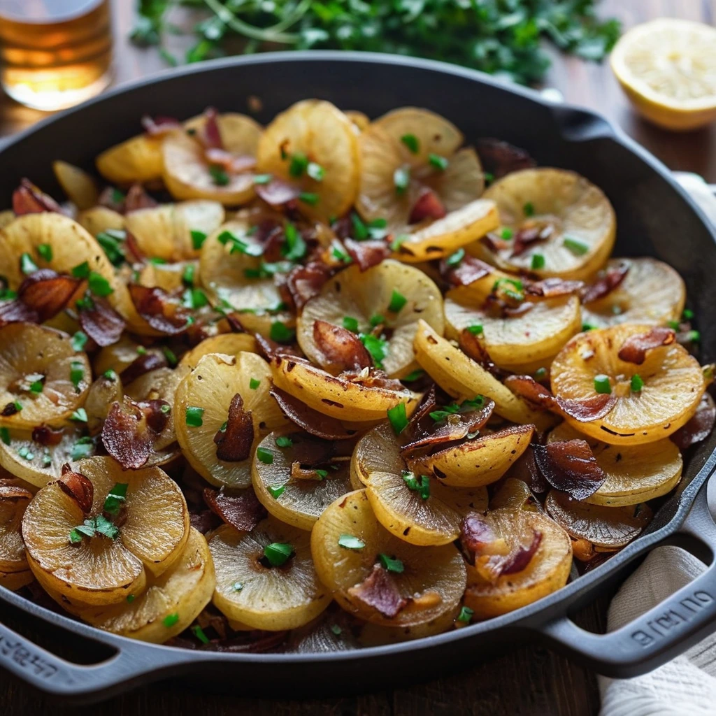 A sizzling skillet with golden potatoes, deep caramelized onions, and crispy bacon bits, garnished with fresh parsley.