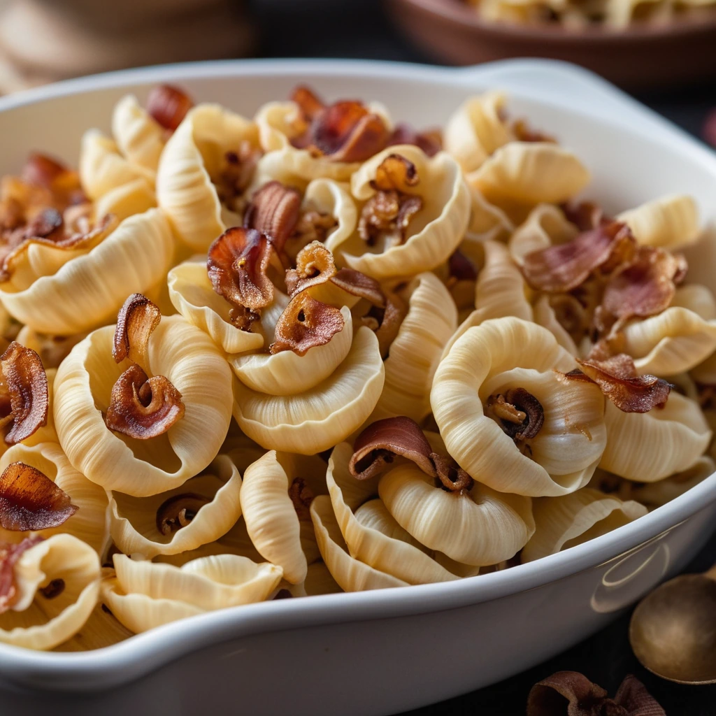 Baked shells and cheese with crispy bacon bits and caramelized onions on top, golden and bubbly in a serving dish.