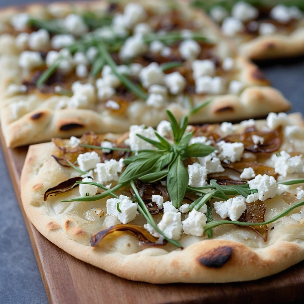 Flatbread topped with caramelized onions and feta cheese, sprinkled with fresh herbs on a wooden board.