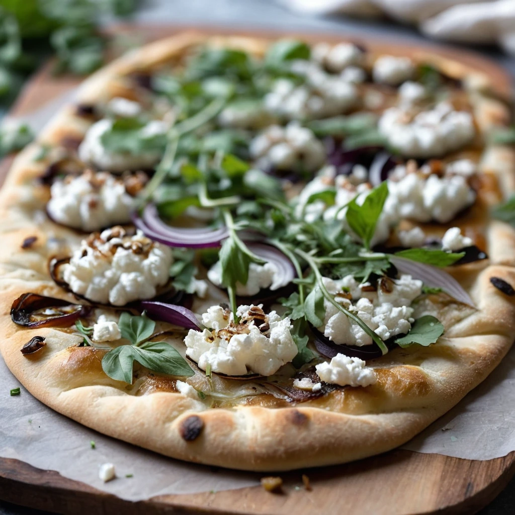 Golden flatbread topped with melted goat cheese and deeply caramelized onions, sprinkled with fresh herbs.