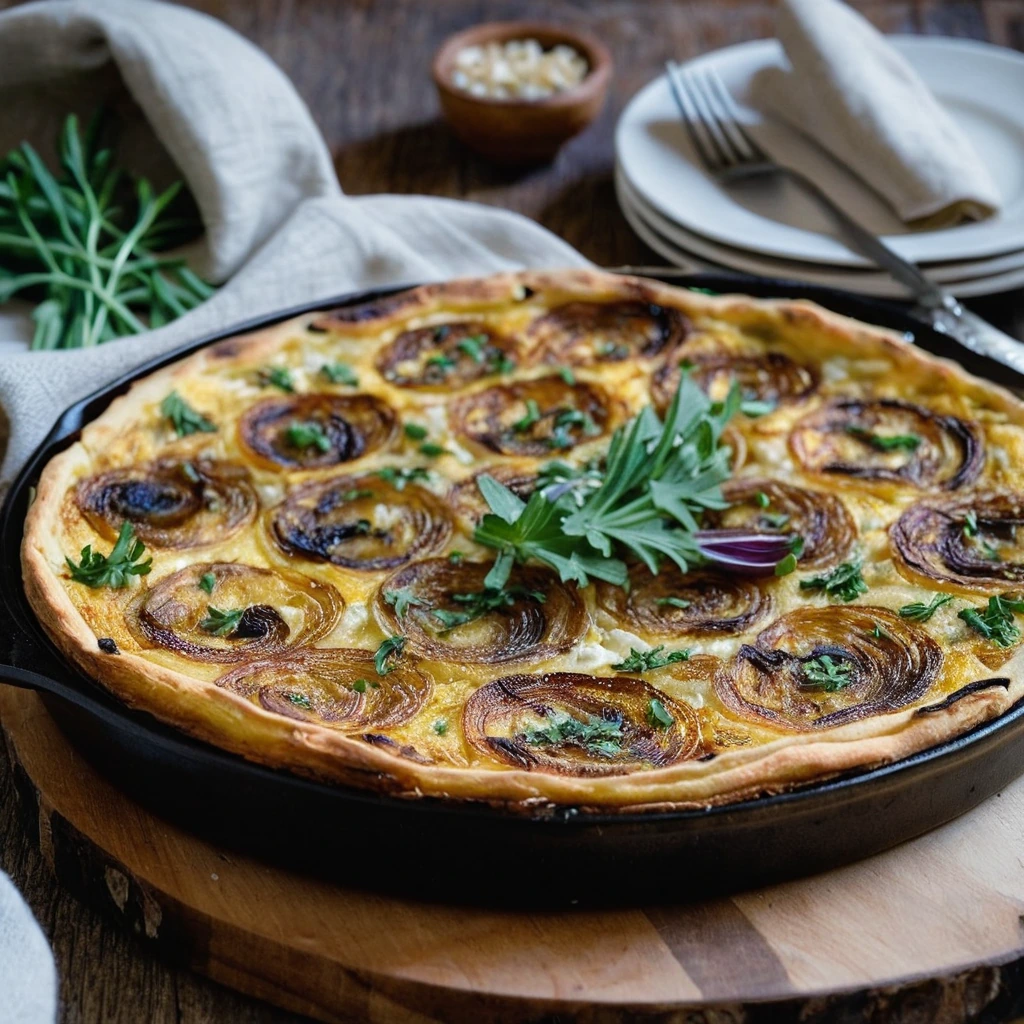 A round golden frittata with caramelized onions and white goat cheese, served on a rustic wooden board.