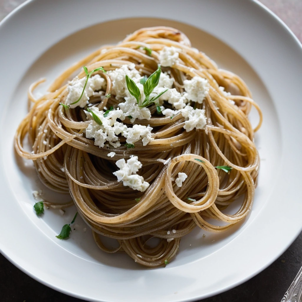 Golden spaghetti twirled on a white plate, topped with melted goat cheese and caramelized onions.