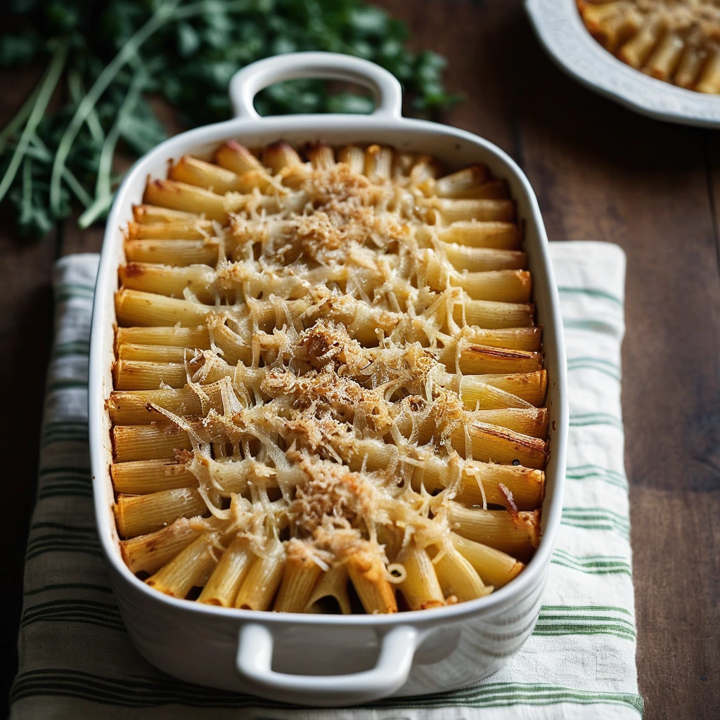 Golden-brown macaroni and cheese in a baking dish topped with caramelized onions and Gruyère.
