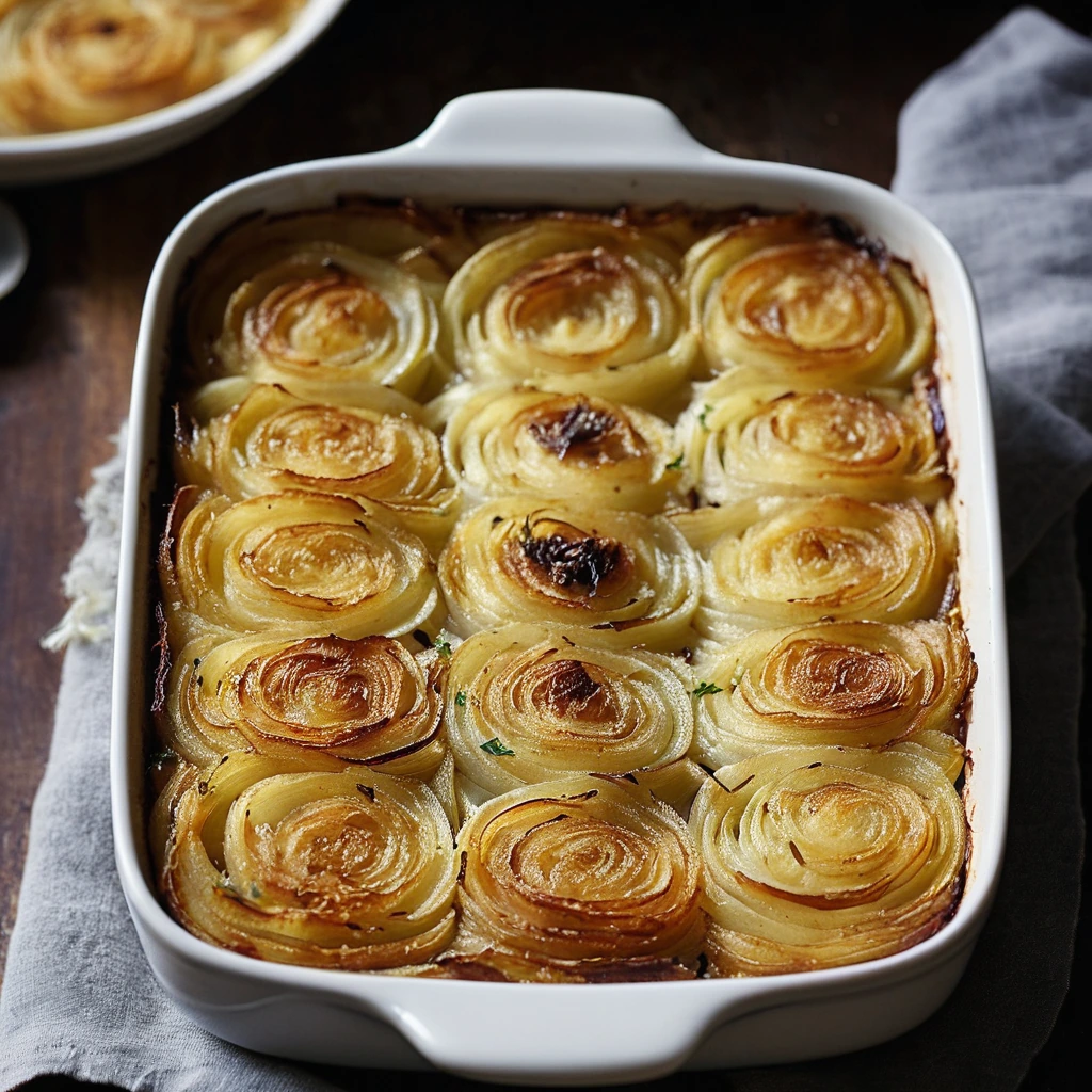 Golden bubbly gratin in a baking dish with caramelized onions and melted Gruyère cheese on top.