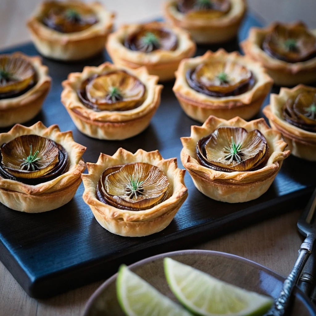 Bite-sized tartlets with golden pastry, caramelized onions, and melted Gruyère cheese in a rustic wooden platter.