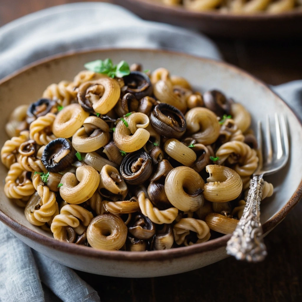 Golden brown cavatappi pasta in a creamy sauce with caramelized onions and mushrooms served in a rustic bowl.