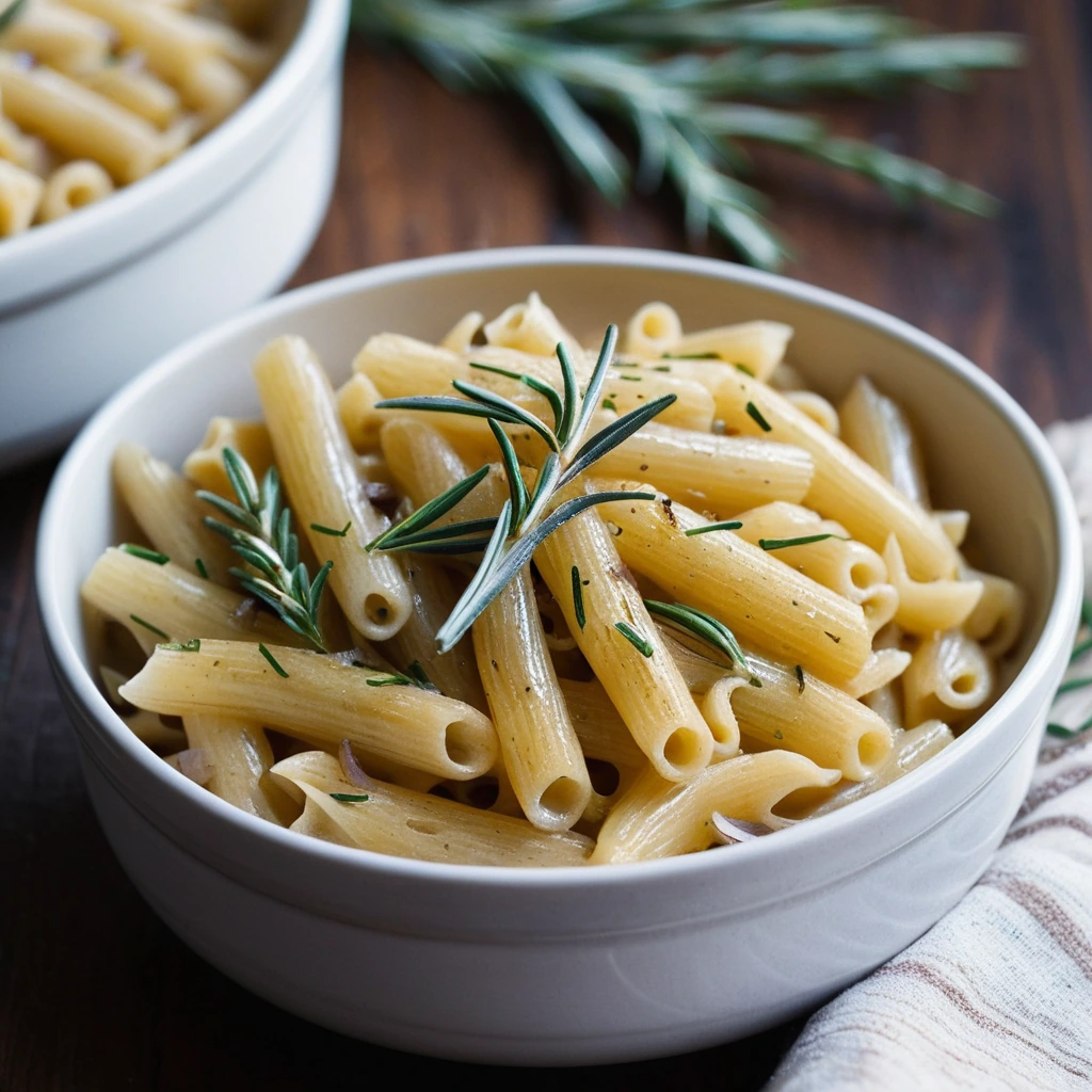 golden pasta in a creamy sauce with caramelized onions and rosemary sprigs in a rustic bowl