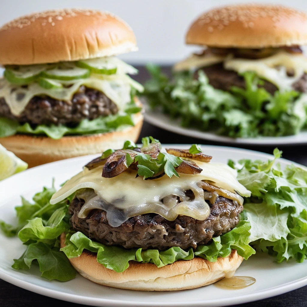 Two skillet-cooked burgers with melted Swiss cheese and golden caramelized onions on a plate with a side of fresh lettuce.