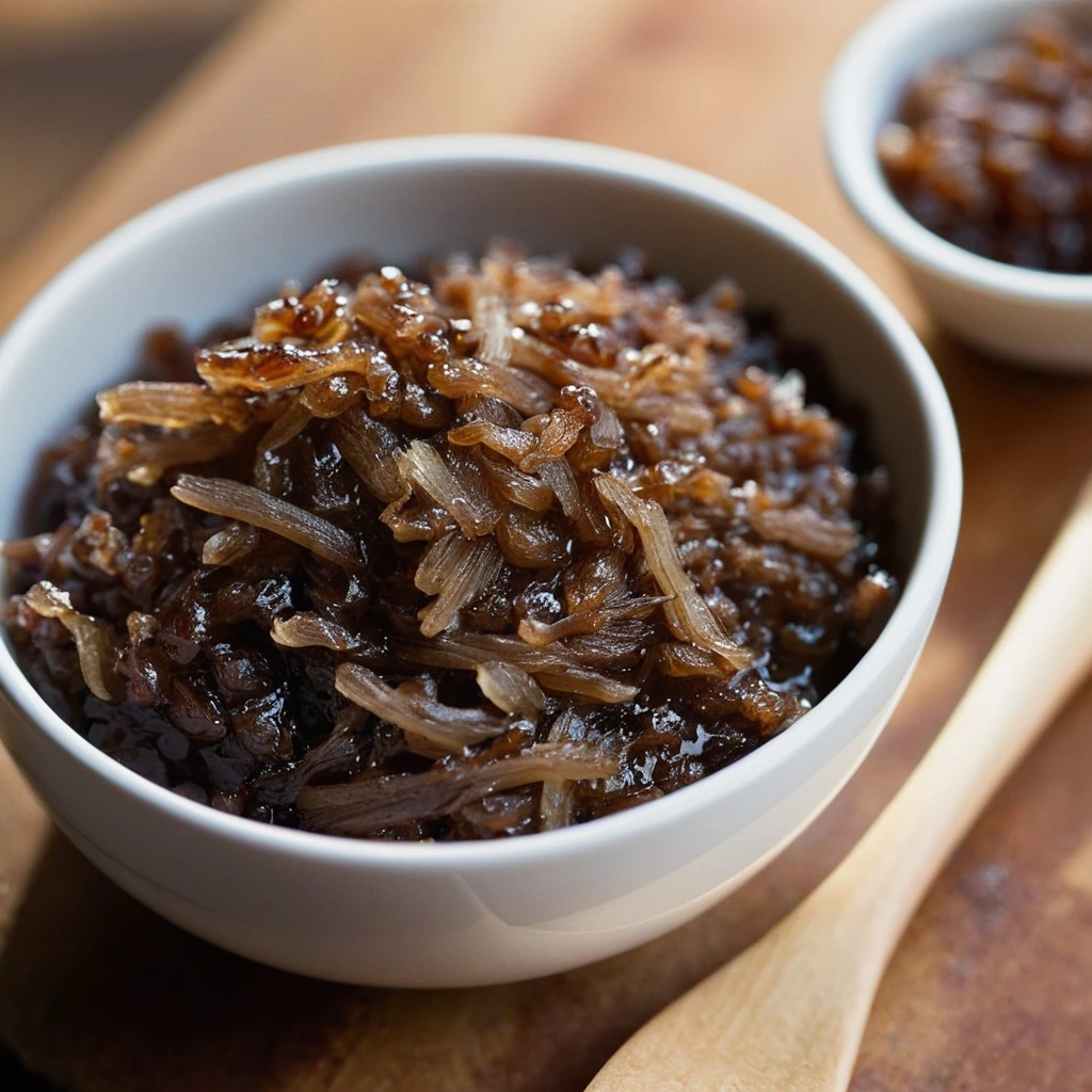 Golden brown jam with flecks of bacon in a serving bowl on a wooden spoon.