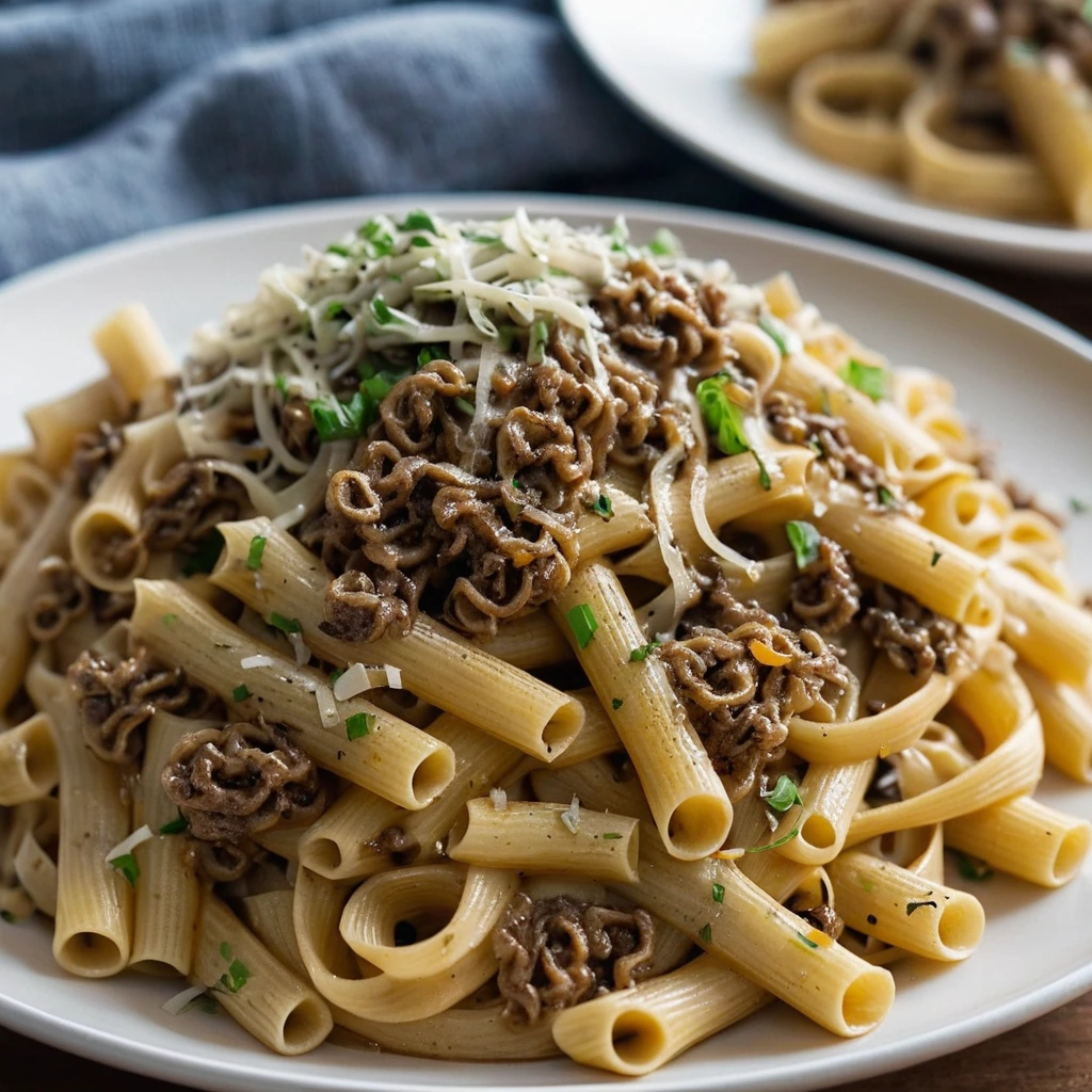 Golden pasta twirled with melted cheddar and caramelized onions, topped with ground beef crumbles.