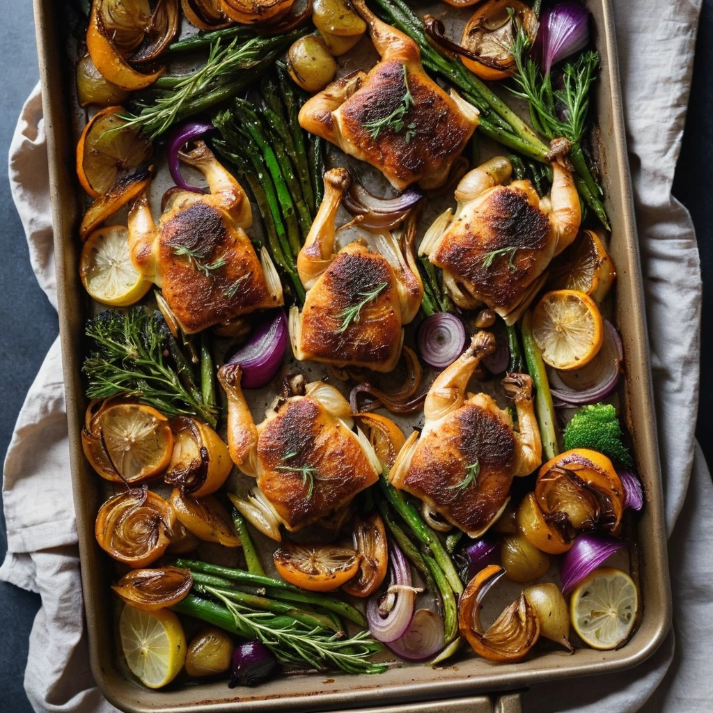 Sheet pan with golden chicken thighs, caramelized onions, and roasted vegetables