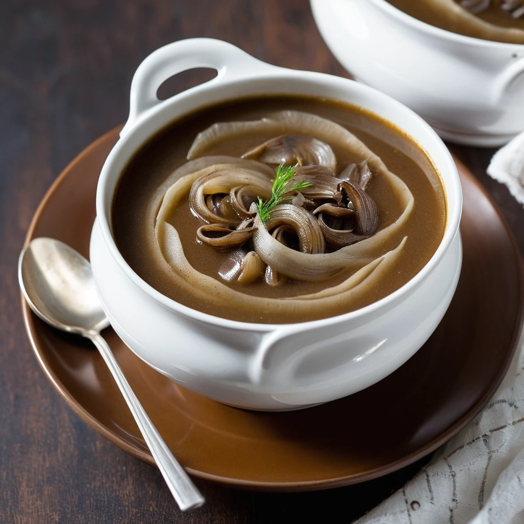 golden brown gravy in a white bowl with caramelized onions visible throughout