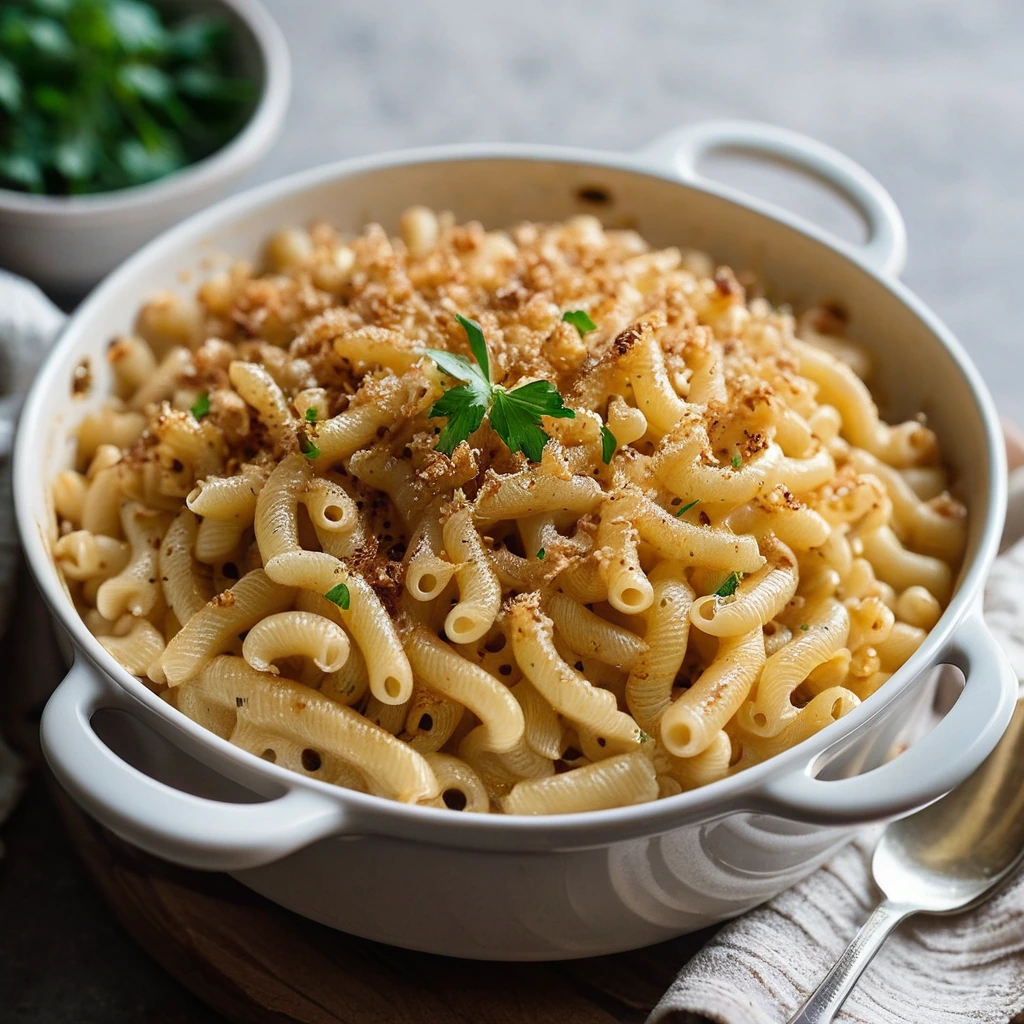 Golden caramelized onions mixed into a creamy, bubbly mac and cheese in a shallow oven-safe dish.