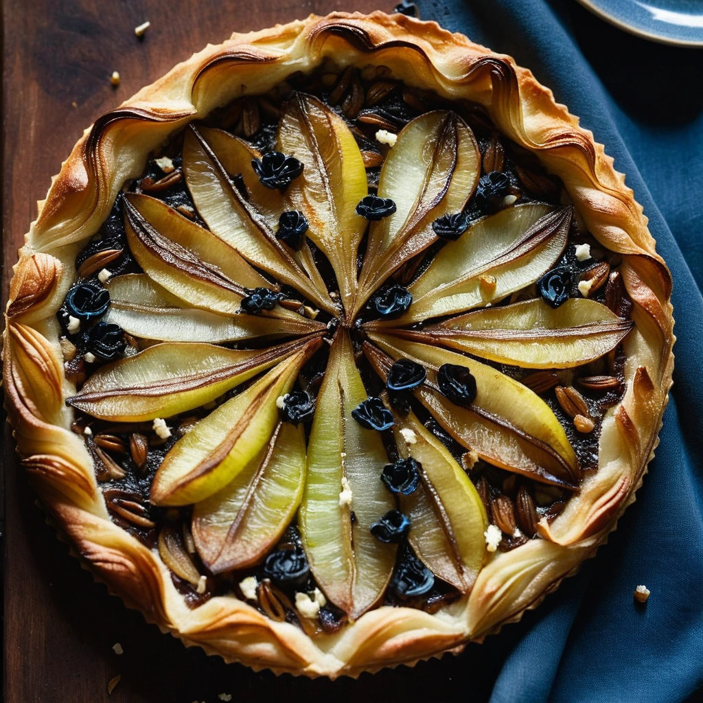 Golden tart with caramelized onions, sliced pears, and crumbles of blue cheese arranged in a rustic pattern.