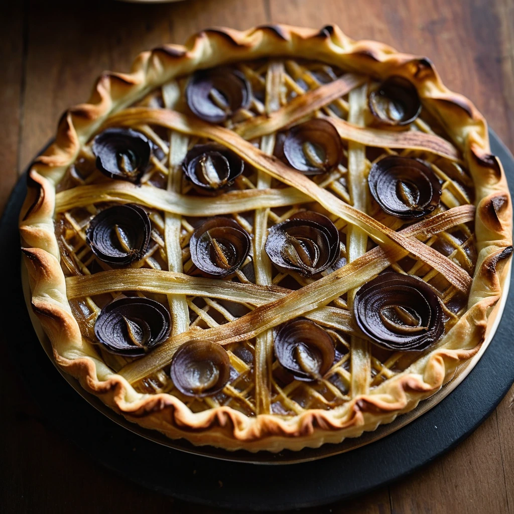 A golden brown tart with a lattice pattern, filled with deep amber caramelized onions, served on a rustic wooden board.