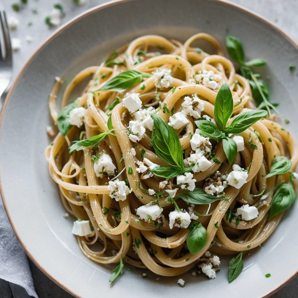 Golden caramelized shallots atop a bed of al dente pasta, sprinkled with creamy feta and fresh herbs.