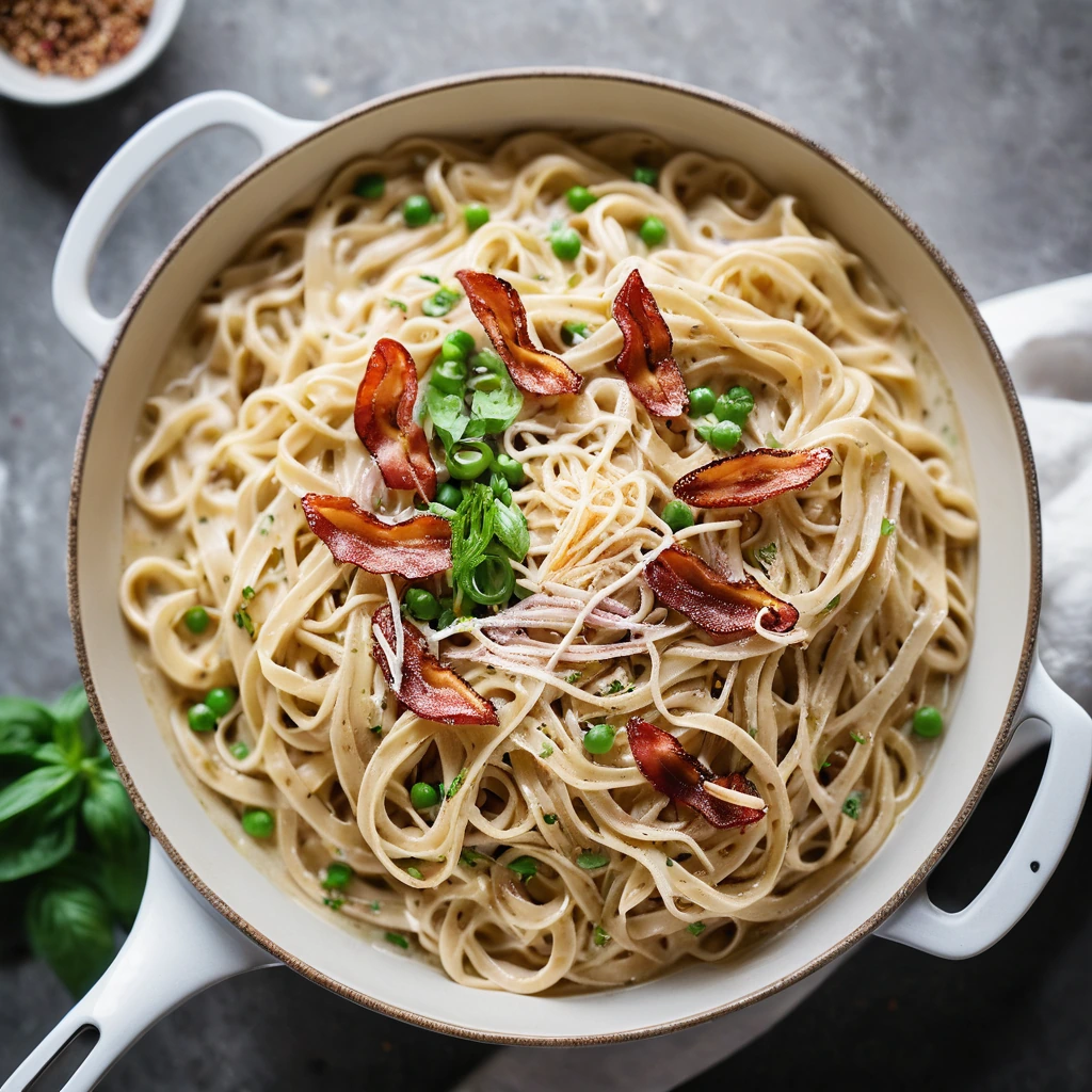 Golden ramen noodles in a creamy white sauce, topped with Parmesan and crispy bacon, served in a skillet.