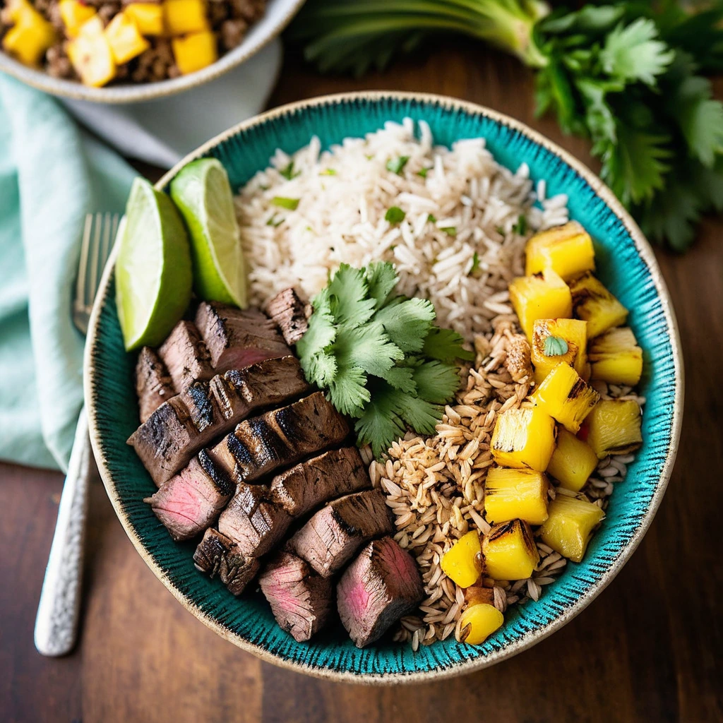 Colorful rice bowls with chunks of golden jerk pork and vibrant pineapple chunks, garnished with fresh cilantro.