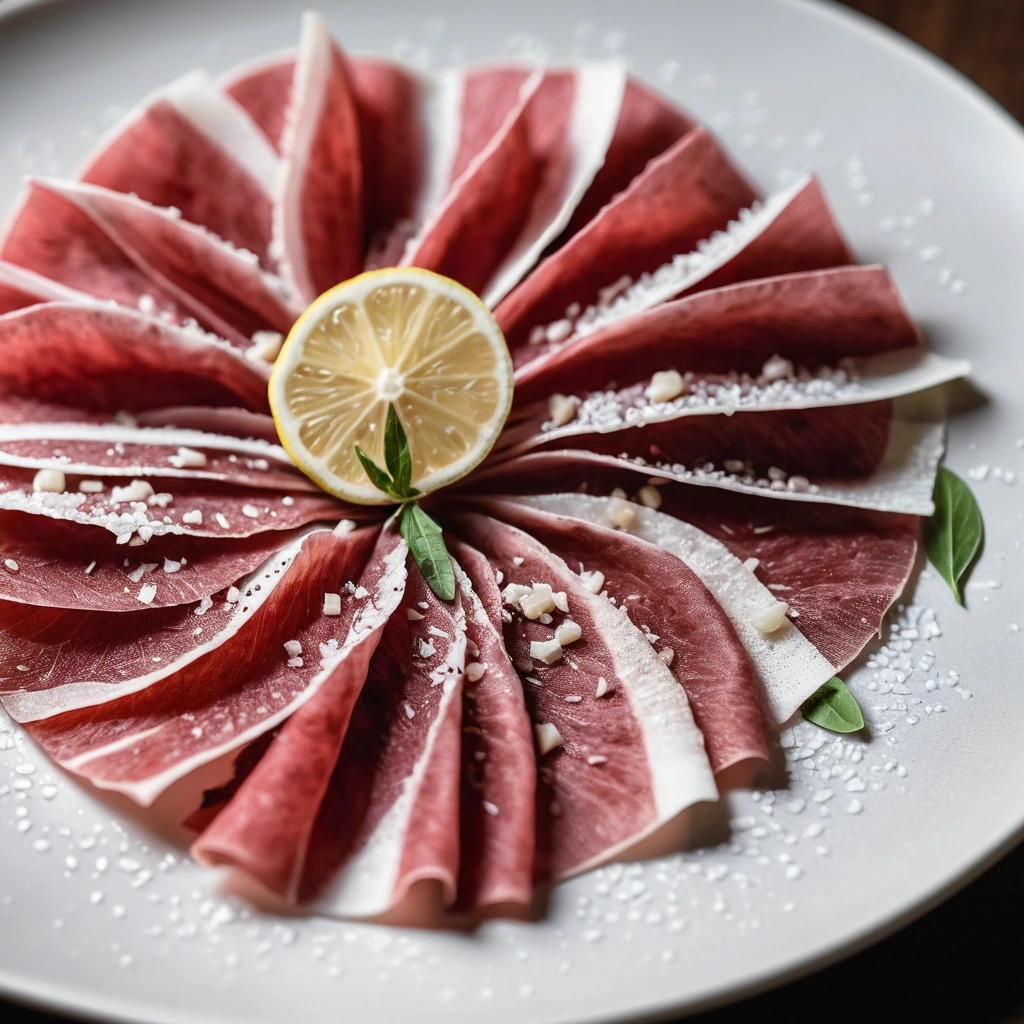 Thinly sliced raw beef fanned out on a white plate with lemon wedges and grated Parmesan