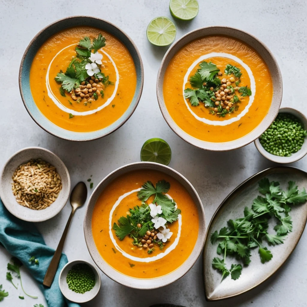 Golden soup in a bowl garnished with fresh cilantro and a drizzle of coconut milk.
