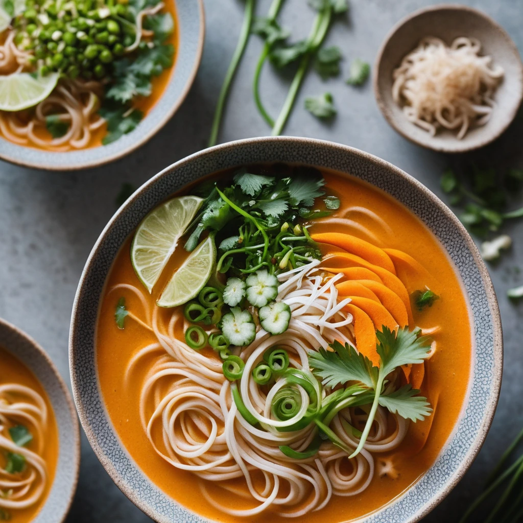 Golden-orange soup in a bowl with green scallions and wavy noodles visible