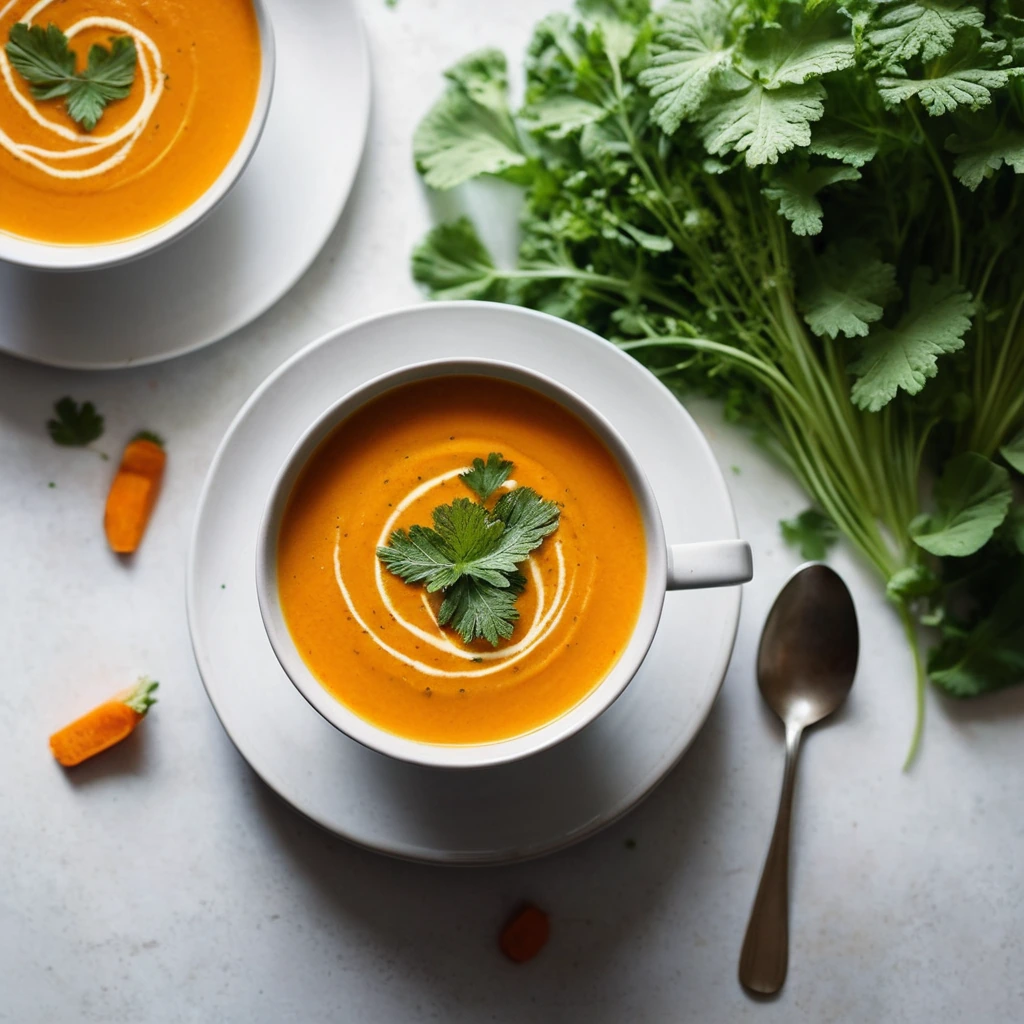 Smooth orange soup in a white bowl with a sprinkle of fresh cilantro on top