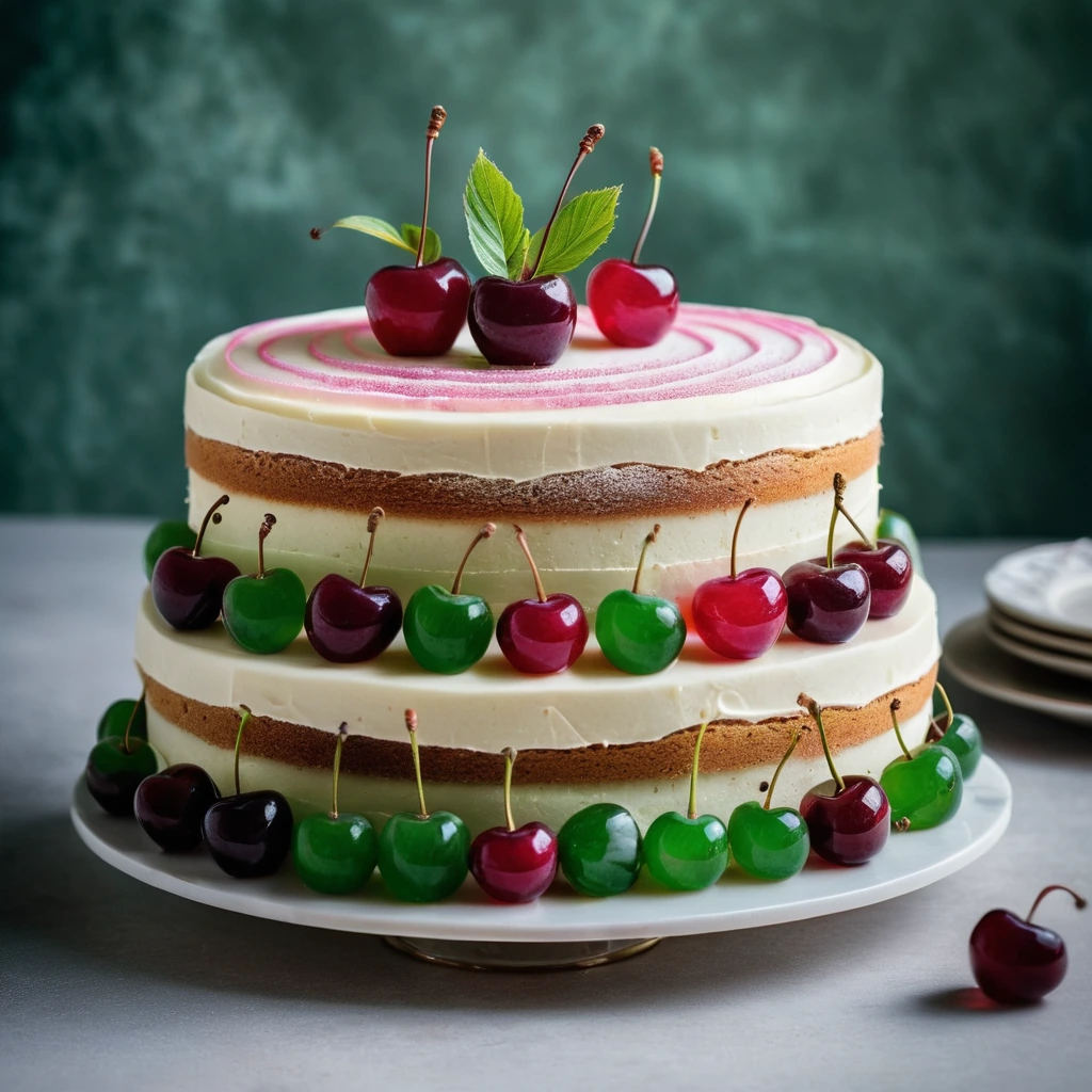 Round Sicilian cake with pink and green marzipan stripes, topped with whole candied cherries.